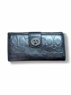 COACH Gunmetal Grey Genuine Leather Long Wallet Multi Pocket Turn Lock